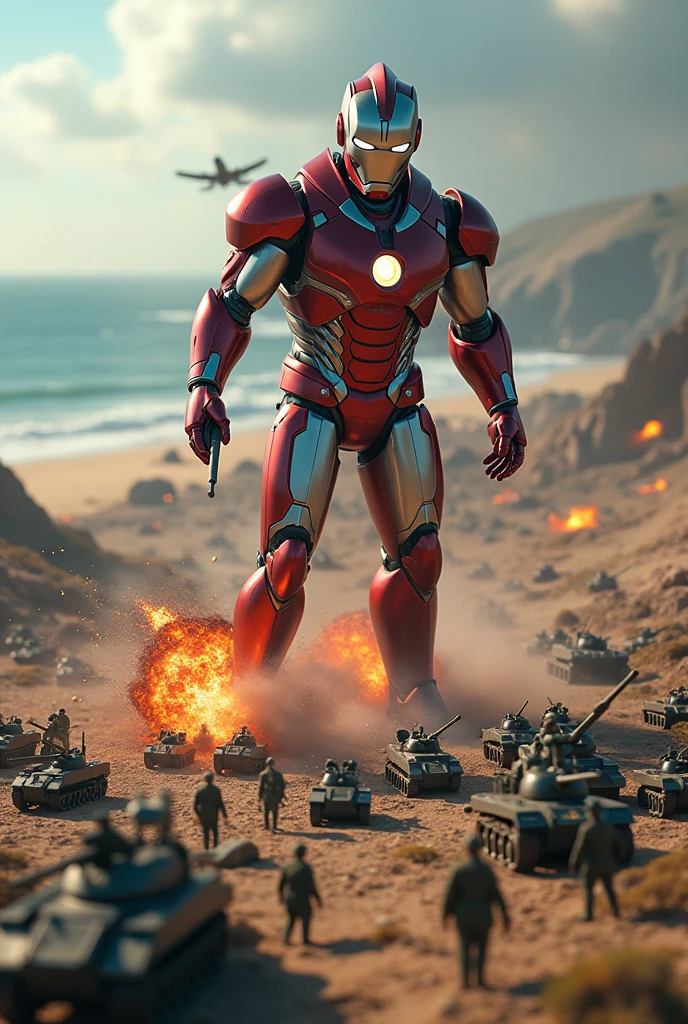 ultraman iron man way big very high attack at army . army day bomb . sea, beach . everywhere lot of soldier in battlefield.world war 2. tilt shift photography. lot of war. tank.aircraft 1940. air drop
