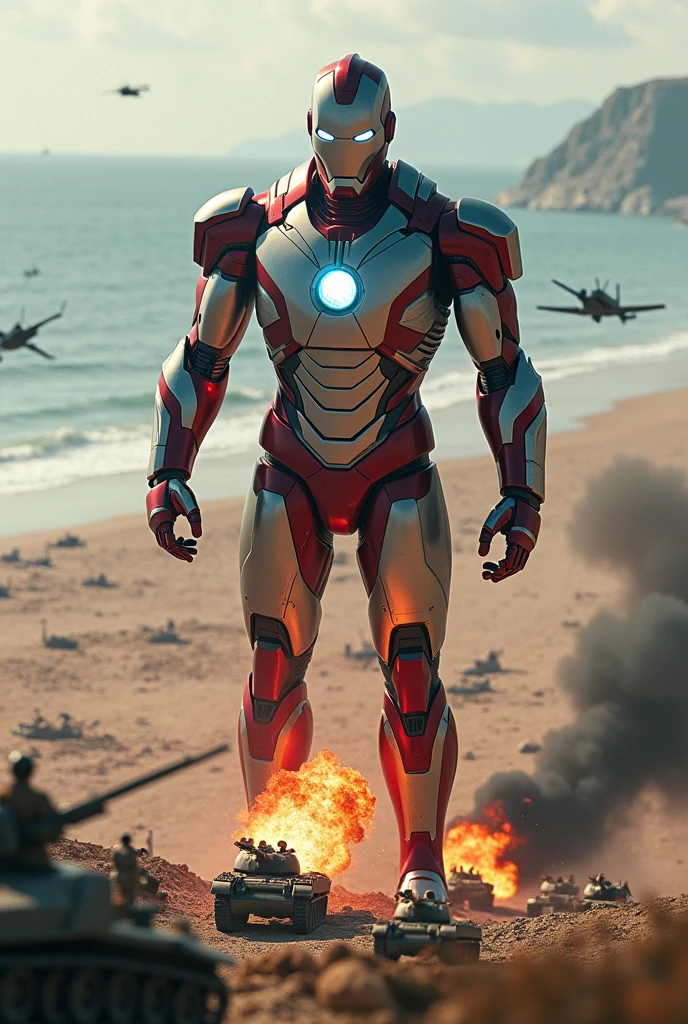 ultraman iron man way big very high attack at army . army day bomb . sea, beach . everywhere lot of soldier in battlefield.world war 2. tilt shift photography. lot of war. tank.aircraft 1940. air drop
