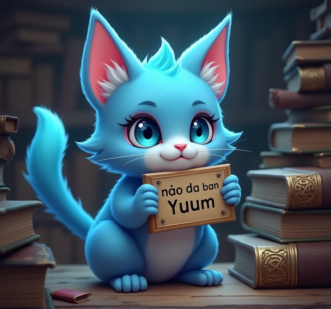 yuumi the magical light blue cat from league of legends, light blue eyes holds a sign that says "não da ban yuumi" and books