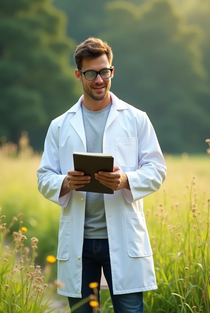 30-year-old muscular young man in a white lab coat in the field wearing glasses