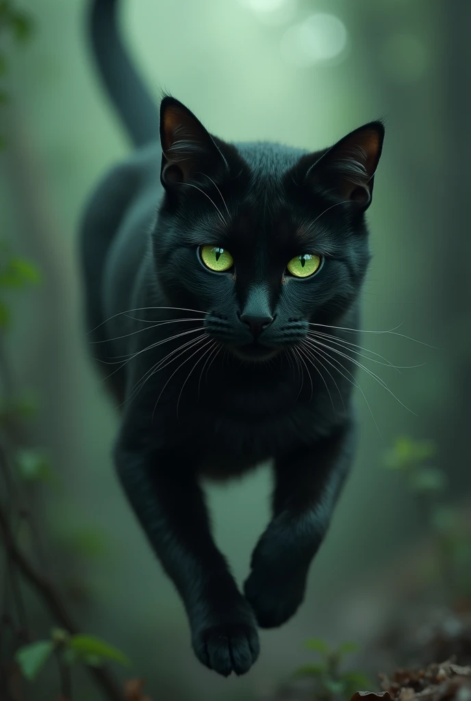 black cat with green eyes falling