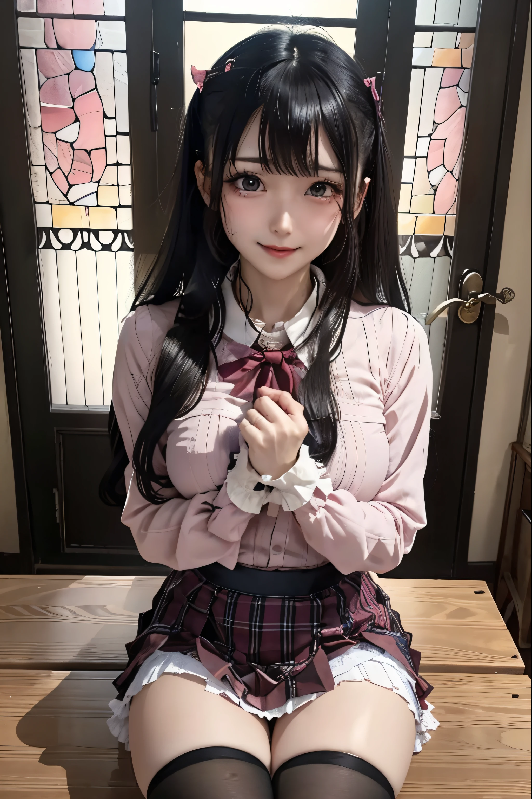 high school girlブレザー、high school girl、Red checked skirt、JK Style、Jacket、smile、garter、Knee socks、Panty stocking、Otherworldly beauty、Extraordinarily cute、boredom、unusual beauty、Dark black eyeshadow、sorrow、Good skin glow、Long Hair Straight Hair、Dark Gothic Makeup、暗いsmile、Beautiful woman、Stained Glass Background、On the table、Best Quality、5 reference books、Sweat glistens on my chest、Sweat glistens on my face、Thigh sweat、sweating、Black frill East size Regular size、Dark pink hair、Age 22 years old、Sweat sticks to my thighs、I sweat a lot and get sticky。、My thighs are sticky and shiny、Sweating on thighs and chest、Small breasts、Slightly slim、I sweat all over my body、play the piano、Sit down and play an instrument、legs are thin、Two people、Lesbian couple、Hugging a girl、My female friend has a super cute face、My female friend has a very beautiful face、Do lesbian play、Super smooth straight hair、