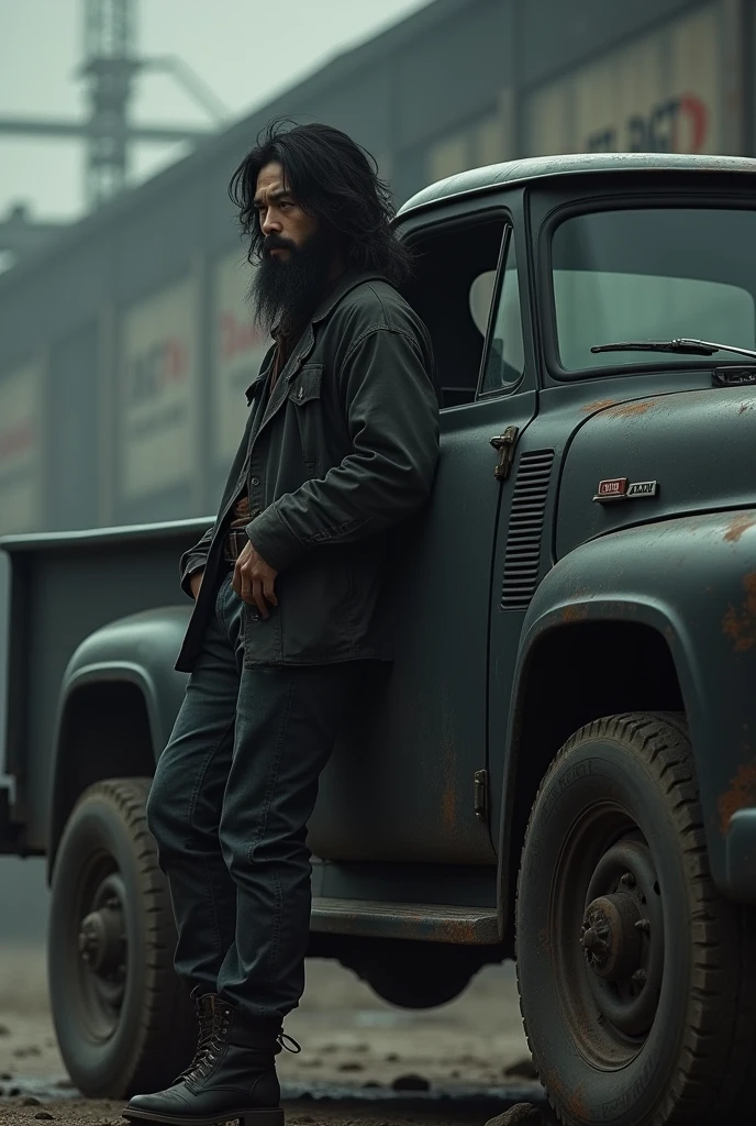 Young Japanese man with very long hair and beard leaning against a black pickup truck