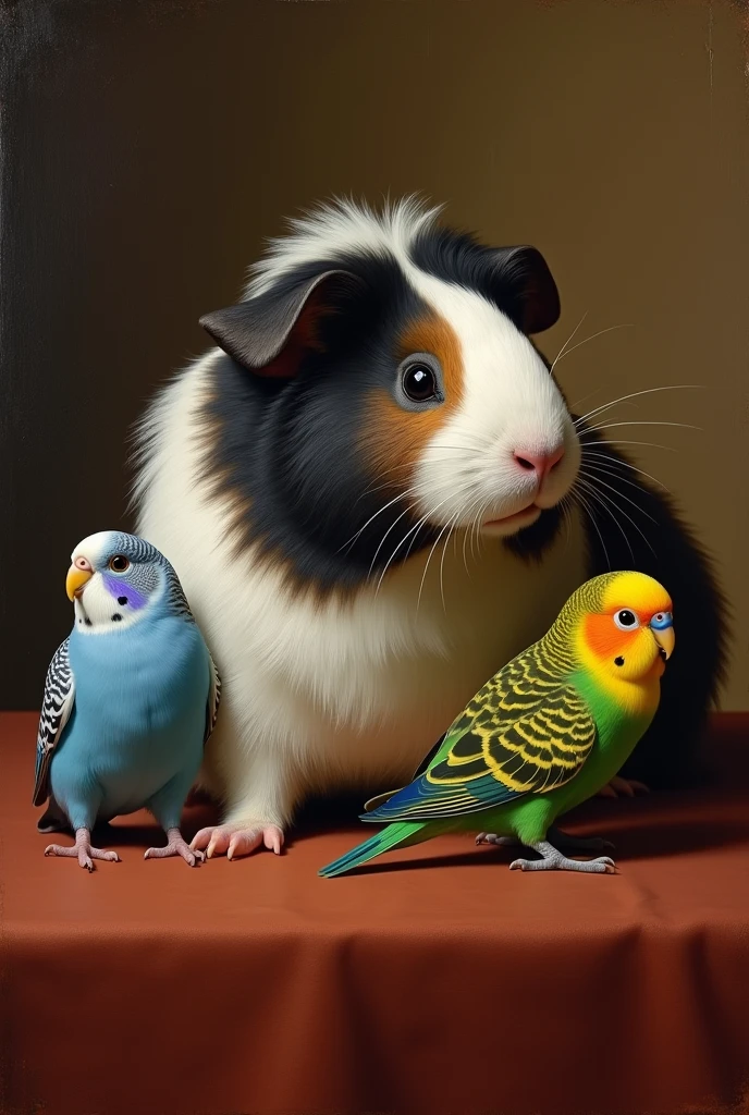 Renaissance-style painting of a guinea pig (Guinea pig) with tri-colored fur, with a predominance of black, white and brown with black ears, a soft and fluffy coat, with a fairly uniform color distribution, with a light brown spot around one eye on the head., while the body has a mixture of black and white. Along with two Australian budgies, a first parakeet has predominantly light blue plumage on the body, with a white head and black details on the sides, forming characteristic patterns. The cheeks have violet spots, and the chest is a softer blue. The second parakeet has yellow and green plumage. The head and upper body are a vibrant yellow, while the lower part and the wings have a mixture of green. There are small blue spots on the cheeks, which are common features in parakeets.