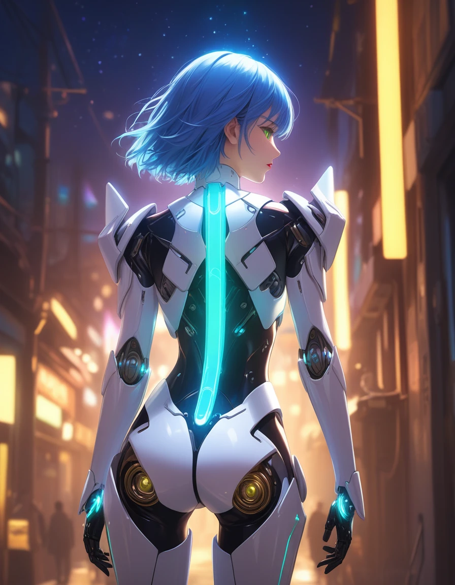 light particles, halo, (bioluminescent:0.95), bioluminescent, piercing glare, vibrant, (((colourful))), color, (glowing, glow), reflection light, depth of field, from behind, multiple views, delicated best quality, (((masterpiece))), ((best quality)), ((ultra-detailed)), (CG illustration), (an extremely devious and beautiful)), cinematic light, ((1 mechanical girl)), (white, blue hair), (short hair), (green eyes), (purple lips), (absurdly large silver robe), single, full, mechanical halo,star halo,intricate mechanical bodysuit, mecha corset, (full armor: yalow and white), (machine-made joints: 1.4), ((mechanical limbs)), ( blood vessels attached to the tube), ((mechanical spine attached to the back)), ((mechanical cervical vertebrae attached to the neck), ((combat stance)), expressionless, (wires and cables attached to the head and body: 1.5), (character focus), science fiction, apocalypse, glow, (full shoot body:1.1)