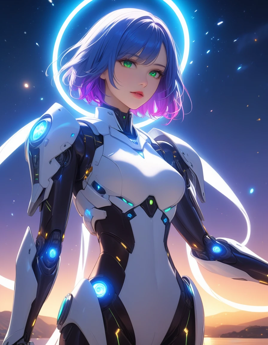 light particles, halo, (bioluminescent:0.95), bioluminescent, piercing glare, vibrant, (((colourful))), color, (glowing, glow), reflection light, depth of field, from behind, multiple views, delicated best quality, (((masterpiece))), ((best quality)), ((ultra-detailed)), (CG illustration), (an extremely devious and beautiful)), cinematic light, ((1 mechanical girl)), (white, blue hair), (short hair), (green eyes), (purple lips), (absurdly large silver robe), single, full, mechanical halo,star halo,intricate mechanical bodysuit, mecha corset, (full armor: yalow and white), (machine-made joints: 1.4), ((mechanical limbs)), ( blood vessels attached to the tube), ((mechanical spine attached to the back)), ((mechanical cervical vertebrae attached to the neck), ((combat stance)), expressionless, (wires and cables attached to the head and body: 1.5), (character focus), science fiction, apocalypse, glow, (full shoot body:1.1), looking at viewer