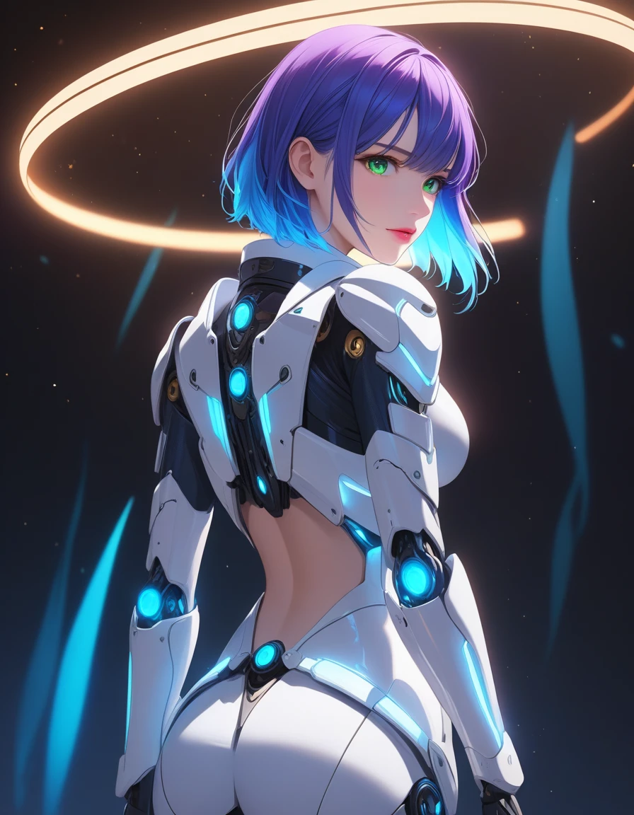 light particles, halo, (bioluminescent:0.95), bioluminescent, piercing glare, vibrant, (((colourful))), color, (glowing, glow), reflection light, depth of field, from behind, multiple views, delicated best quality, (((masterpiece))), ((best quality)), ((ultra-detailed)), (CG illustration), (an extremely devious and beautiful)), cinematic light, ((1 mechanical girl)), (white, blue hair), (short hair), (green eyes), (purple lips), (absurdly large silver robe), single, full, mechanical halo,star halo,intricate mechanical bodysuit, mecha corset, (full armor: yalow and white), (machine-made joints: 1.4), ((mechanical limbs)), ( blood vessels attached to the tube), ((mechanical spine attached to the back)), ((mechanical cervical vertebrae attached to the neck), ((combat stance)), expressionless, (wires and cables attached to the head and body: 1.5), (character focus), science fiction, apocalypse, glow, (full shoot body:1.1), looking at viewer