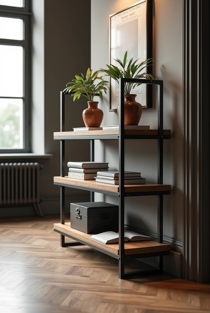 Create for me a double industrial shelf with a measurement of 40cm with the wood in brown and the support iron in black that is in a beautiful office