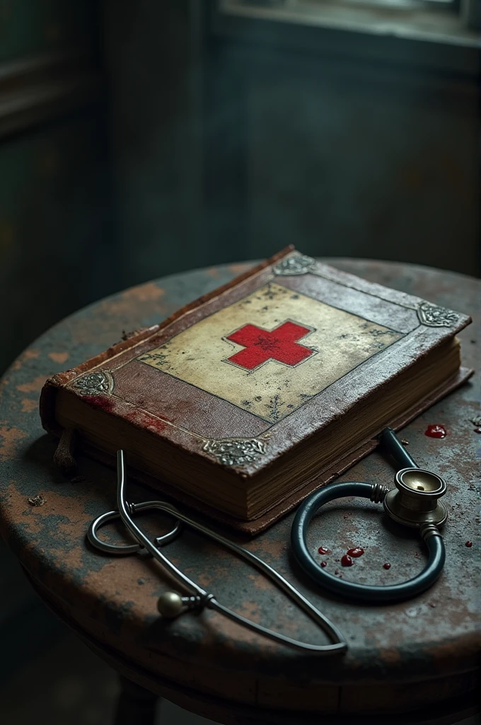 Create an image A medicine book having blood stain on it with broken stethoscope