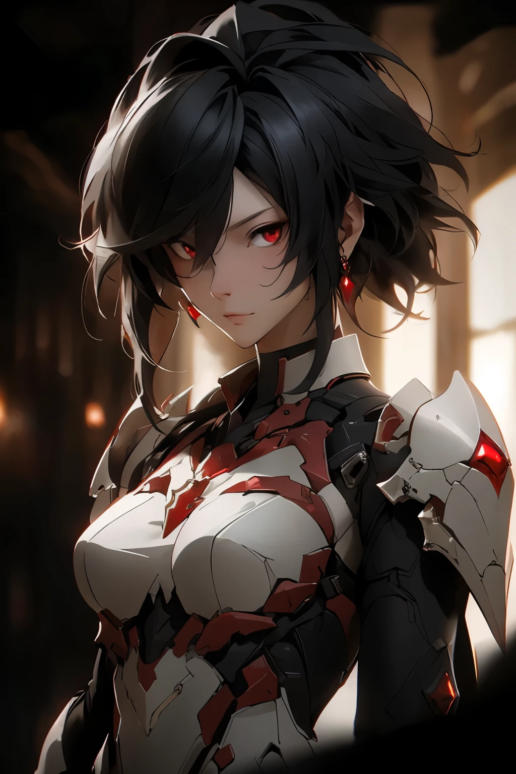 ((best quality)), ((Masterpiece)), (details:1.4), 3d, HDR (high dynamic range), an image of a beautiful cyberpunk female, Asymmetrical lob, Black hair, Red eyes, จมูกโด่ง, ปากแดง, หน้าอกใหญ่, nvidia RTX, PBR surface, After processing, Anisotropic filtration,depth of field, Maximum clarity and clarity, multi-layered surface, Subsurface scattering, perfect proportions, 8K raw files, ความละเอียดสุดยอด, Unreal 5, Perfect proportions, Octane Render, Two-tone lighting, Wide aperture, Low ISO, รายละเอียดดวงตา, crusader, Heavy Red armor, jewely, ต่างหู