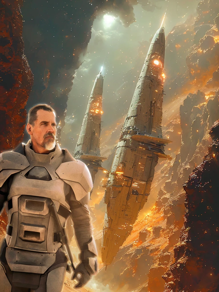 spaceships and a man in a space suit are flying over a city, knights templar in a space suit, star citizen digital art, inspired by Craig Mullins, mass effect fantasy, stefan koidl inspired, perry rhodan, clothed in sci-fi military armor, star citizen concept art, in a scifi movie, in the 2 0 2 1 movie dune