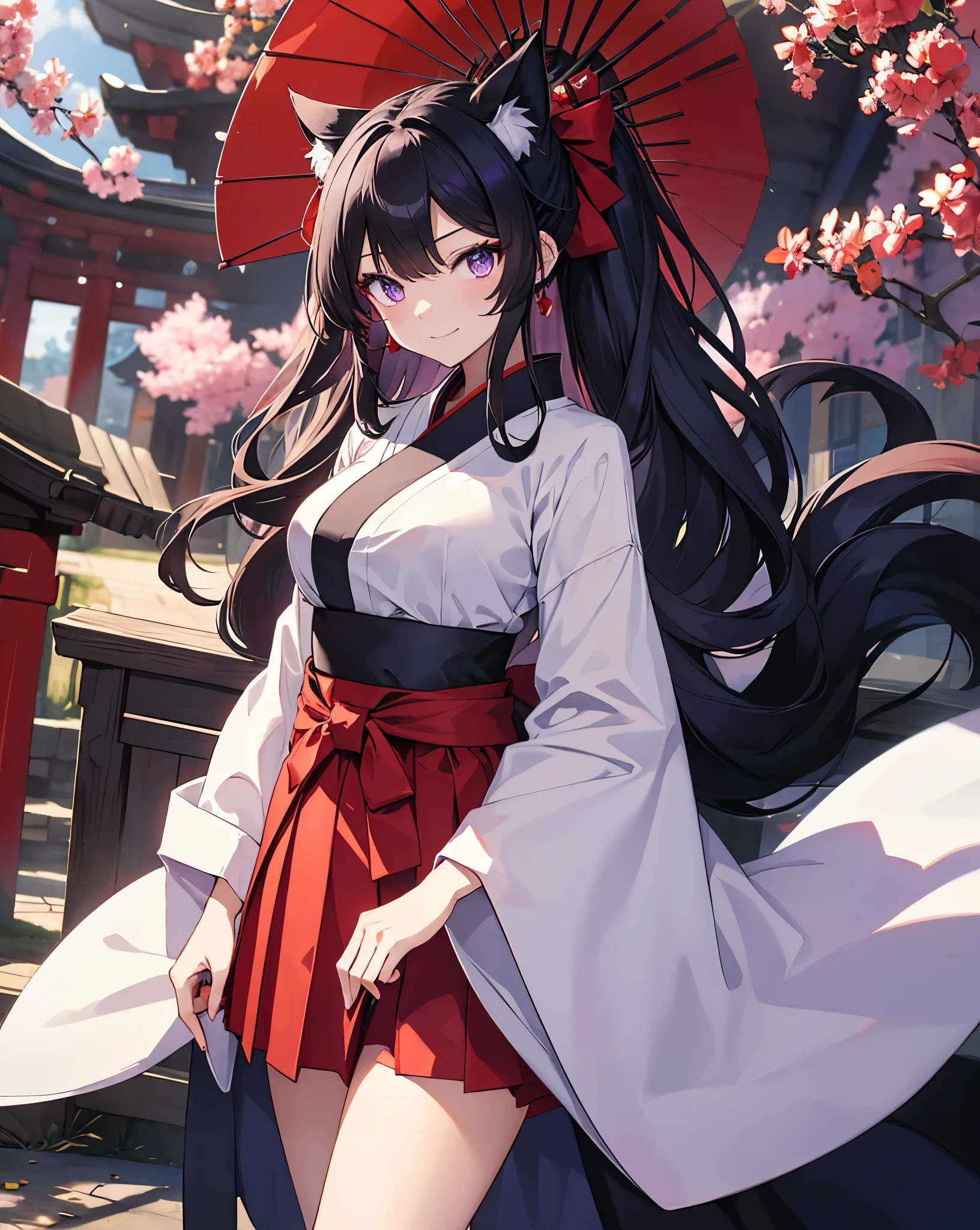 Face shot, Eyes macro, 1 anime catgirl, black cat ears, neko ears, with long black hair tied back, Two small tufts of hair in front, wearing a traditional white blouse with voluminous sleeves and a high collar, paired with a long red skirt that has a bow at the waist. The character is in a standing pose and has an elegant and refined appearance. She has accent purple eyes, detailed anime eyes, she is the shrine priestess. She has a cat pose. red hakama and white kimono. Slim waist. She is ar the entrance of a shrine. Red high skirt. She is smiling.
