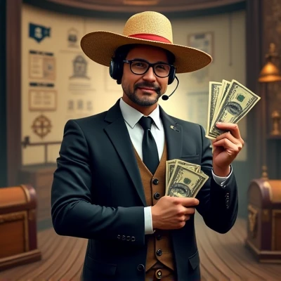 Avatar with a One Piece Luffy hat, pirate theme background, de terno preto, Eyeglasses, headset and holding bills, with writing "Lionel NFT"