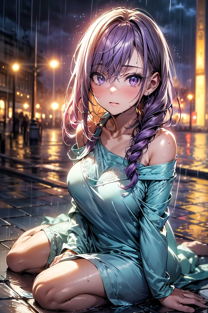 (master quality, amazing detail, amazing eyes), 1girl, out at night in the pouring rain wearing nothing but her pyjama top, the pyjama top is coloured teal, teal colour clothing, teal top, extremely detailed purple eyes, depressed expression, extreme detail, various poses, short caramel blonde hair, 17-year-old, young woman, outside, very small B-cup breasts, lots of raindrops, heavy rain, (very short caramel blonde hair), cinematic lighting, masterpiece, best quality, (depth of field hdr 8k 4k wallpaper cinematic angle, cinematic lighting:1.5), (masterpiece, best quality:2.0), detailed clothing, modern-day, cotton fabric, sat of the ground, huddled, alone, soaking wet hair, sitting on the pavement, sitting on the ground, sat on the floor, alluring purple and gold eyes, ((purple eyes)), Detailed Iris, cotton or woollen fabric, dull wet pyjama top, goosebumps, bare skin, 