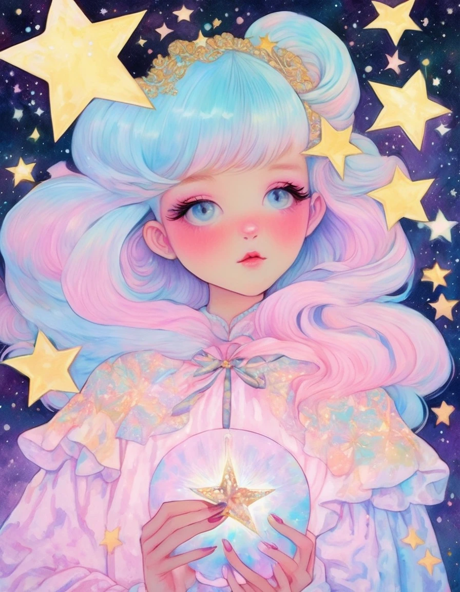 the image of the girl holding a star is placed in the background, in the style of rococo pastel hues, temmie chang, harumi hironaka, glowing pastels, hauntingly beautiful illustrations, celestialpunk, glitter