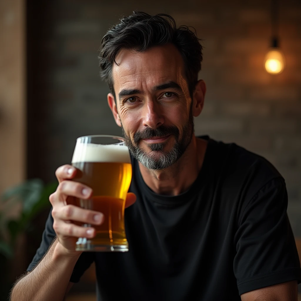 a dark-haired man of 39 years old, with dark hair, a bearded man, eyes black, black jersey, with a glass of beer in his right hand, happy face, be standing, focus on the beer glass. Very realistic, best qualityer. To stand, show full body, film photography, fur details, very real.