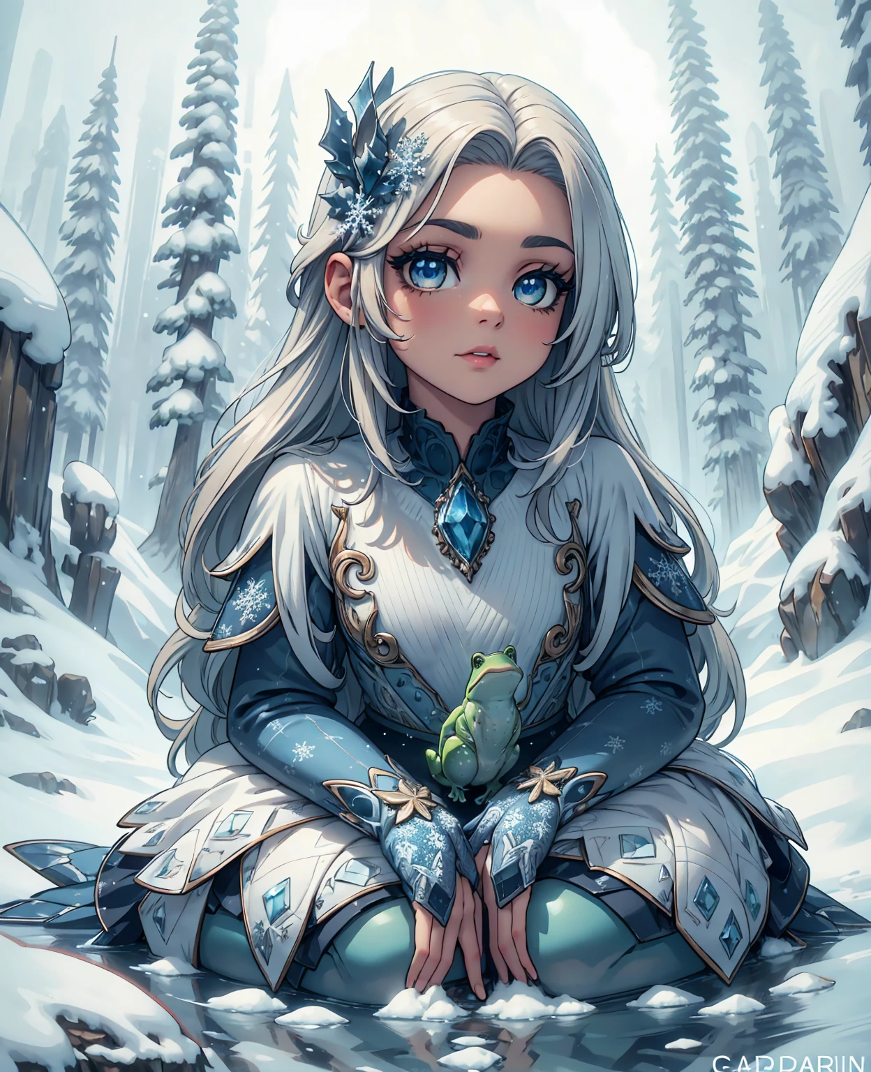 a small frog sitting on snow and ice, beautiful detailed eyes, beautiful detailed lips, extremely detailed eyes and face, long eyelashes, photorealistic, 8k, best quality, highly detailed, intricate details, winter landscape, cold environment, icy crystals, snowflakes, soft lighting, cool color tones, muted colors, subtle highlights, natural textures, smooth blending, realistic amphibian, tiny creature, wildlife photography