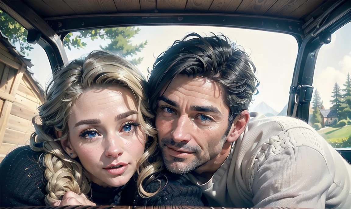 [((highly detailed, detailed eyes, detailed face, clear and realistic facial features, photorealistic, realistic light, cinematic)), ((((two happy people, one male and one female)))), (((Audrey is a beautiful and teasing chubby and motherly older woman in her late 30's with long curly blonde hair and blue eyes))), ((Audrey has blonde hair, and blue eyes)), ((Audrey is chubby)), (((Mark is a handsome and spunky muscular and fatherly older man in his early 40's with greying black hair and hazel-brown eyes))), ((Mark has greying black hair, and hazel-brown eyes, and some wrinkles)), they each stand in front of a beautiful picturesque cottage like a Thomas Kinkade scene, ((cozy, welcoming mood))]