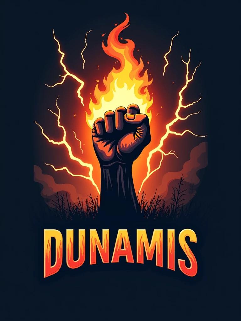 /Imagine a logo with a hand on fire and lightning bolts around it, the word 'dunamis' written in a bold and assertive style.