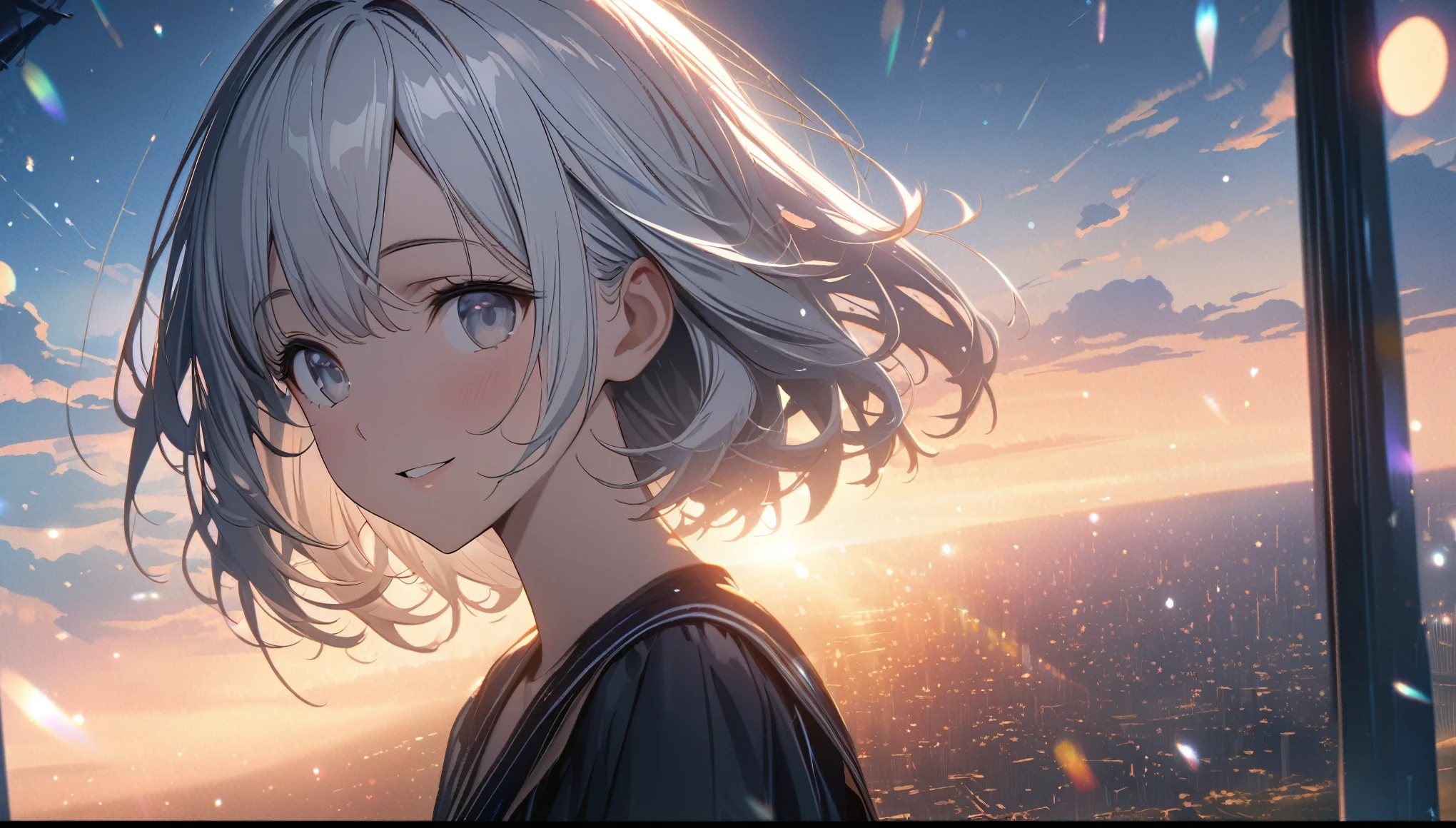 ((ultra-detailed))/(one women with short white hair and bob hair.、beautiful silver eyes,.、smile、gentle smile on her face、flat chest, one Beautiful girl,((masterpiece, illustration, best quality) ((ultra-detailed))/),Angelic, sunrise, rainbow, after the rain, horizon, in the sky, city,,濃い青とBeautiful Blueのグラデーション, High resolution, 8K HD detail, hyper-detail, cinematic, surrealism, soft light, deep field focus bokeh, ray tracing and surrealism. --v6'