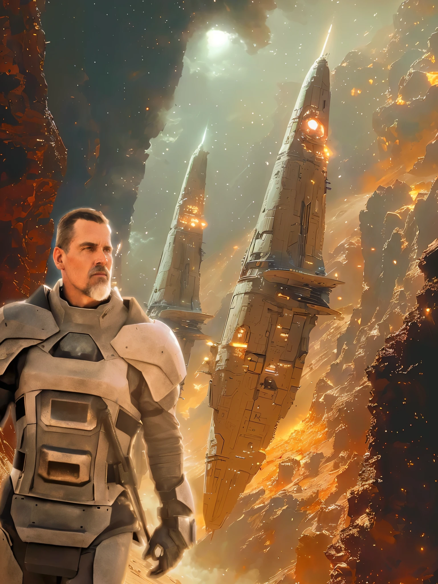 spaceships and a man in a space suit are flying over a city, knights templar in a space suit, star citizen digital art, inspired by Craig Mullins, mass effect fantasy, stefan koidl inspired, perry rhodan, clothed in sci-fi military armor, star citizen concept art, in a scifi movie, in the 2 0 2 1 movie dune