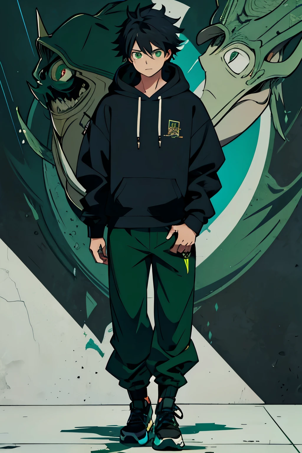 masterpiece, 8k, anime boy, black hoodie, hair black, green eyes, blue pants, detailed side
