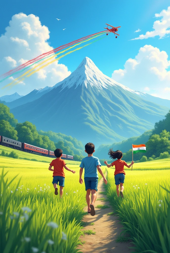 Portrait illustration,hd, ,jingxuan summer background, Pencil colour Art style, jingxuan summer days, kids running towards a green rice field facing towards the mountains with each kid holding small National flag of India in one of their hands. In the Blue sky with white clouds a single seat aircraft is flying and showing an Air Show of Rainbow colours.little bit far from the field a train is passing towards a snow capped Mountain.