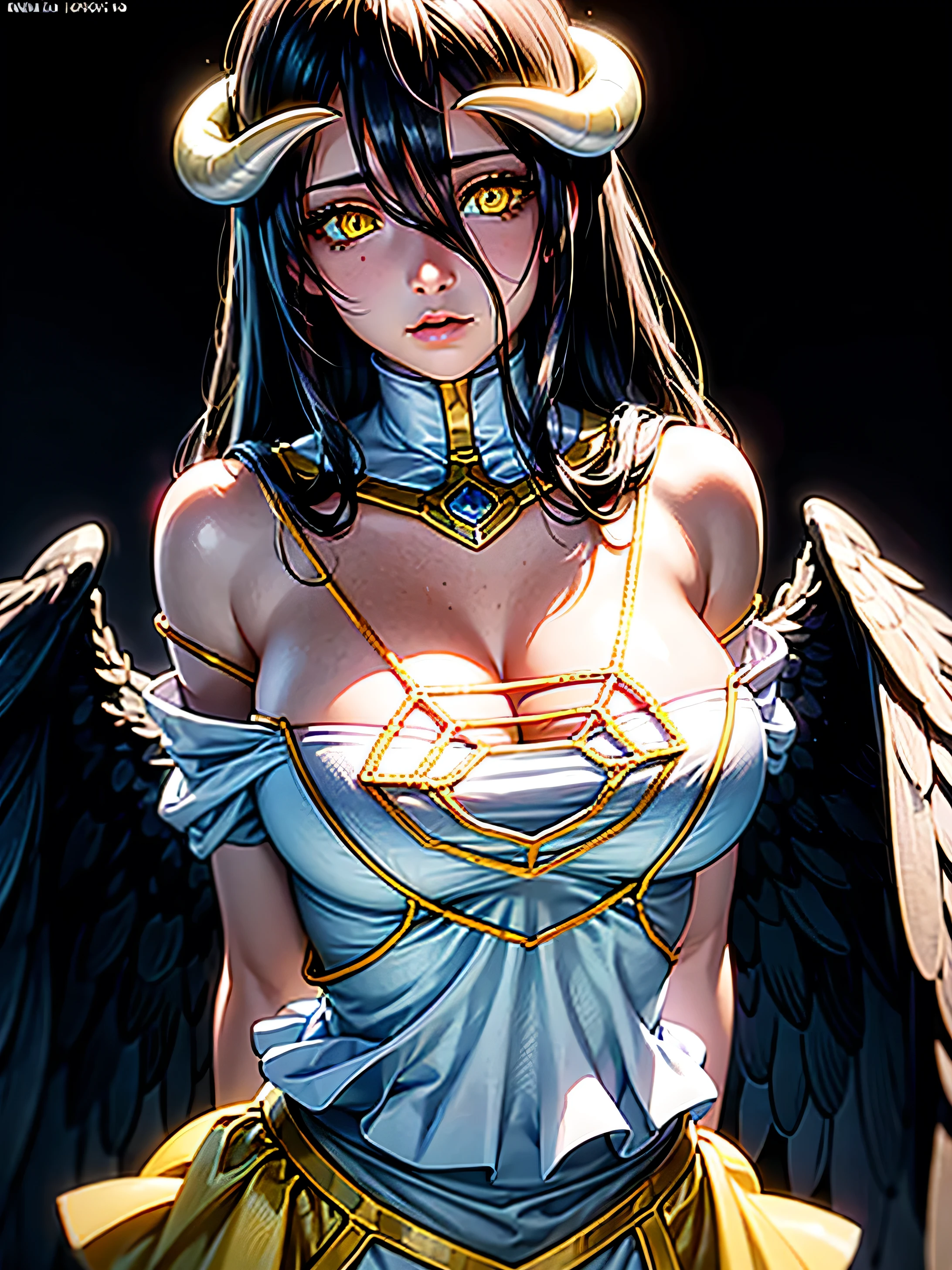 A high resolution, (highly detailed eyes), (big yellow eyes), ulzzang, Sharp focus, Pixiv masterpiece, ((Intricate details)), Highly detailed, 1girl, (black wings), Gold-white dress, White horns, Albedo_Overlord, Black hair, (Low wing,:1.1), Upper body, black background, gold dust, gold sparks, gold particles, (arms behind back), cleavage,