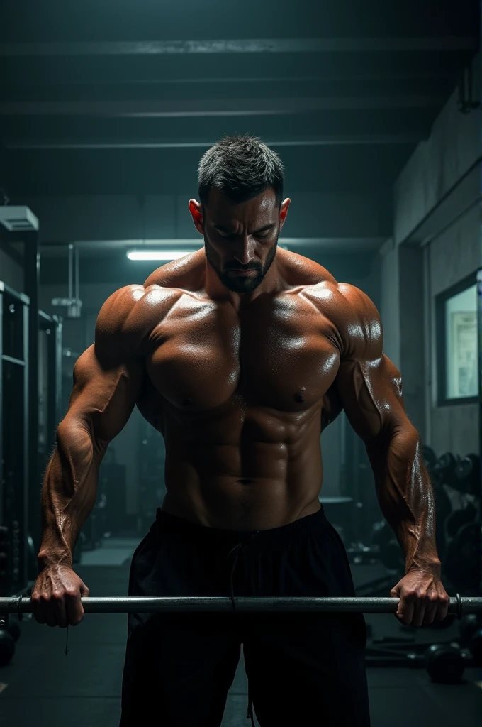 A strong man working out at the gym in a darker setting with low lighting.