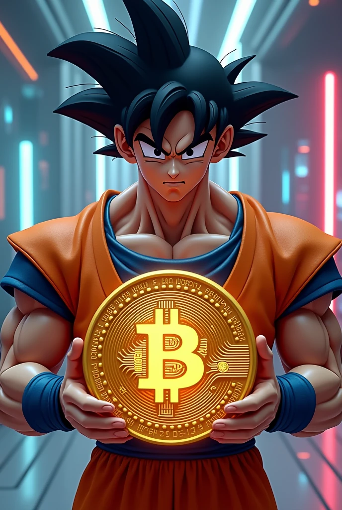 A futuristic, high-tech Goku holding a giant cryptocurrency coin, 1boy, extremely detailed face, detailed eyes, detailed lips, muscular body, detailed clothing, dragon ball themed, sci-fi, digital art, cinematic lighting, glowing details, neon colors, metallic textures, intricate design, futuristic technology, (best quality,4k,8k,highres,masterpiece:1.2),ultra-detailed,(realistic,photorealistic,photo-realistic:1.37)