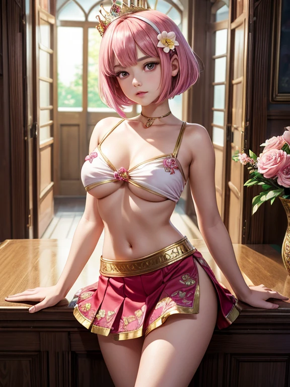 ((Anatomically correct hand:1.5)), Anime, Sexy, ((The costume is made of metal:1.5)), ((In Kyoto Animation Style:1.5)), super precision, ​masterpiece, very extremely beautiful, Princess Face, ((1人の女性)), ((Solo:1.5)), ((Pink hair:1.5)), ((BobKat 1.5)), BREAK, ((Black eyes)), short-cut, ((Straight hair)), BREAK, Full limbs,complete fingers, knee high, ((gold old school swimsuit)), (NSFW:1.0), BREAK, ((Skindentation)), Professional Lighting, (25-years old), Narrow waist, Shiny skin ((Brown skin)), ((Oiled skin)), glistning skin, Looking at Viewer, Cowboy Shot, Dynamic Pose, is looking at the camera, inside in room, Sexy, A slight smil, Slightly open mouth, ((Cute)), sitting on, ((Hands behind your back)), Ultra-fine eyes, Ultra-fine face, ((thin lips:1.5)), Sexy, ((drooping eyes)), ((medium breasts:1.5)), A slight smil, Sexy, ((portlate:1.5)), faces, Sexy, Looking at the camera, Sexy, ((The costume is made of metal:1.5)), (crotch open),