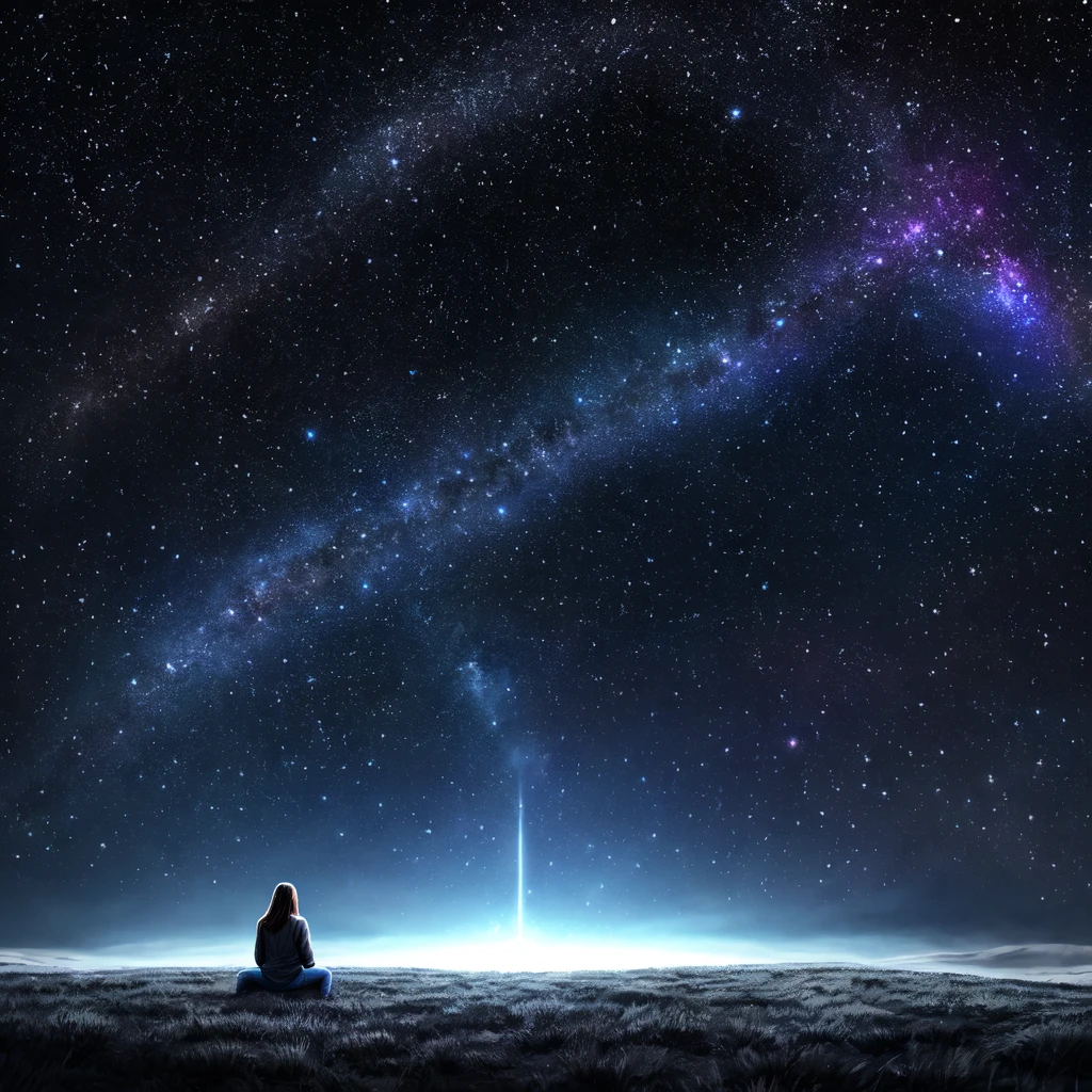 The black cosmos, somewhere in the distance a man sits with his back to the ground, without any outerwear, in jeans, with long hair down to his shoulders, from whom light emanates, only darkness and the twinkling of incomprehensible space objects surround him