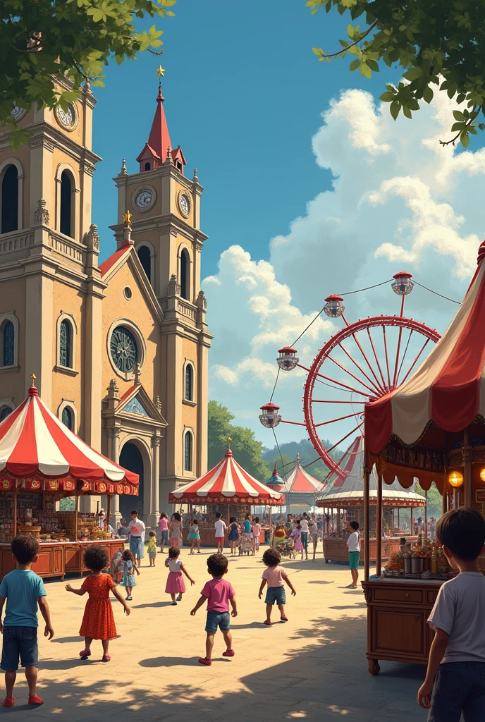 Drawing Patron Saint's Fair with children playing, Wheel of Fortune, a church on the left