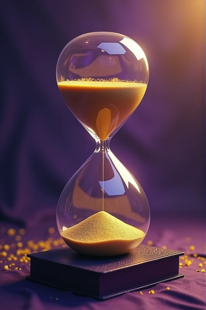 MAKE A REALISTIC HOURGLASS AND AT THE BOTTOM OF IT A NEW EVANGELICAL CHURCH IS BEING BORN, REPRESENTED BY A CHRISTIAN BIBLE. THE IMAGE BEING MADE FROM A PURPLE COLOR PALETTE, yellow and green