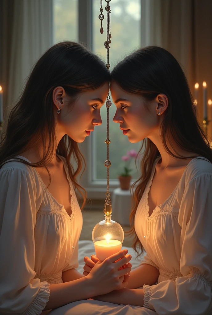 2girls, April O'Neil, face to face, looking at each other, (from side), (tit contact), touching breasts, portrait, very skinny body, old broken church background, light of the candle