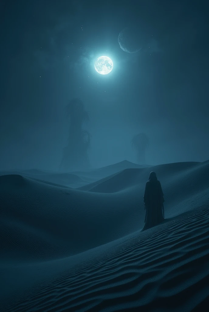 11. Une nuit dans le désert, éclairée par la lune, avec des ombres étranges et des formes indistinctes parmi les dunes.