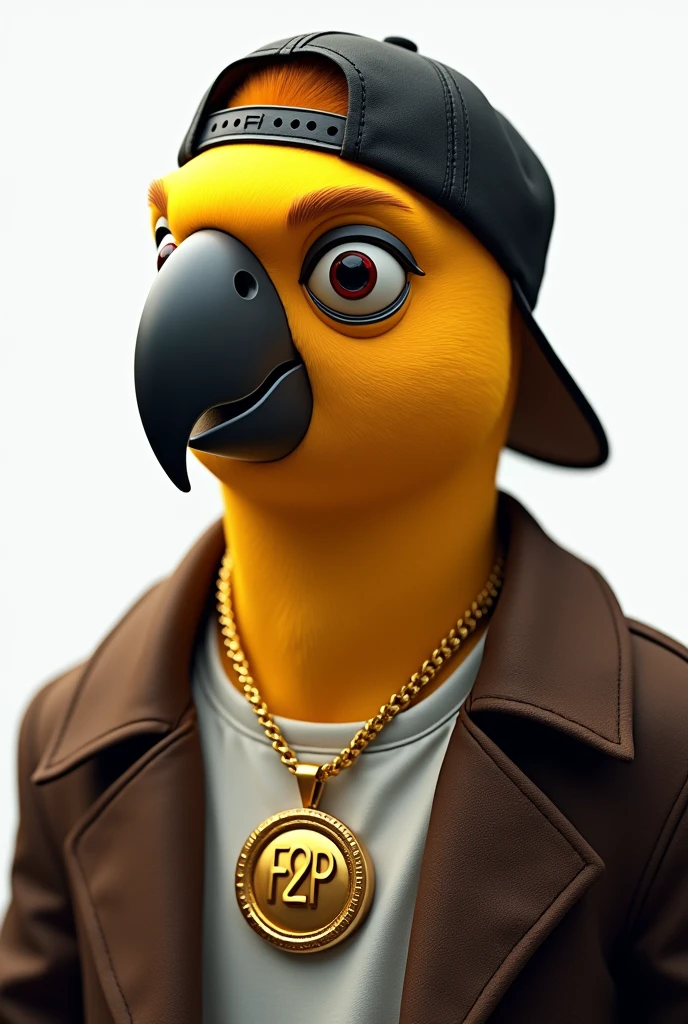 Create a man with the face of a yellow macaw, without showing much of the neck, turned slightly to the left, with black backwards cap, wearing a dark brown overcoat and a white shirt and with a large gold necklace that says F2P. The image background can be white and the image can be a bit cartoonish.. I want the image with very detailed touches