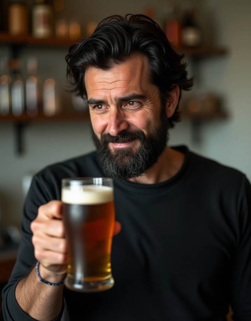 a dark-haired man of 39 years old, with dark hair, a bearded man, eyes black, black jersey, with a glass of beer in his right hand, happy face, be standing, focus on the beer glass. Very realistic, best qualityer. To stand, show full body, film photography, fur details, very real.