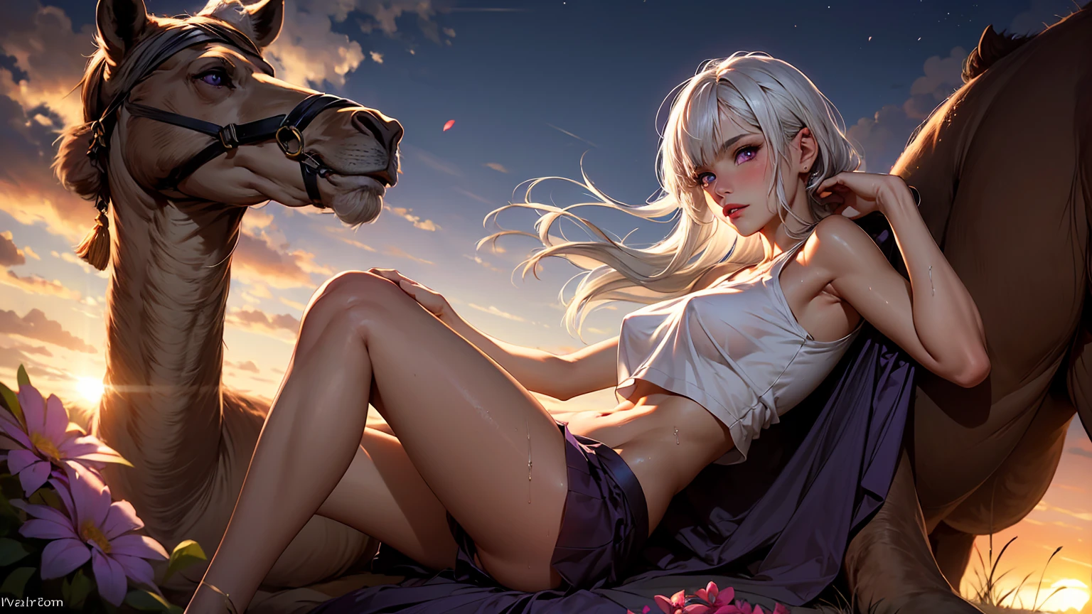 realistic, 1girl, white hair, purple eyes, glowing eyes, crop top, skirt, parted lips, blush, night, flowers, sun, sunlight, camel toe, wet, naked girl,