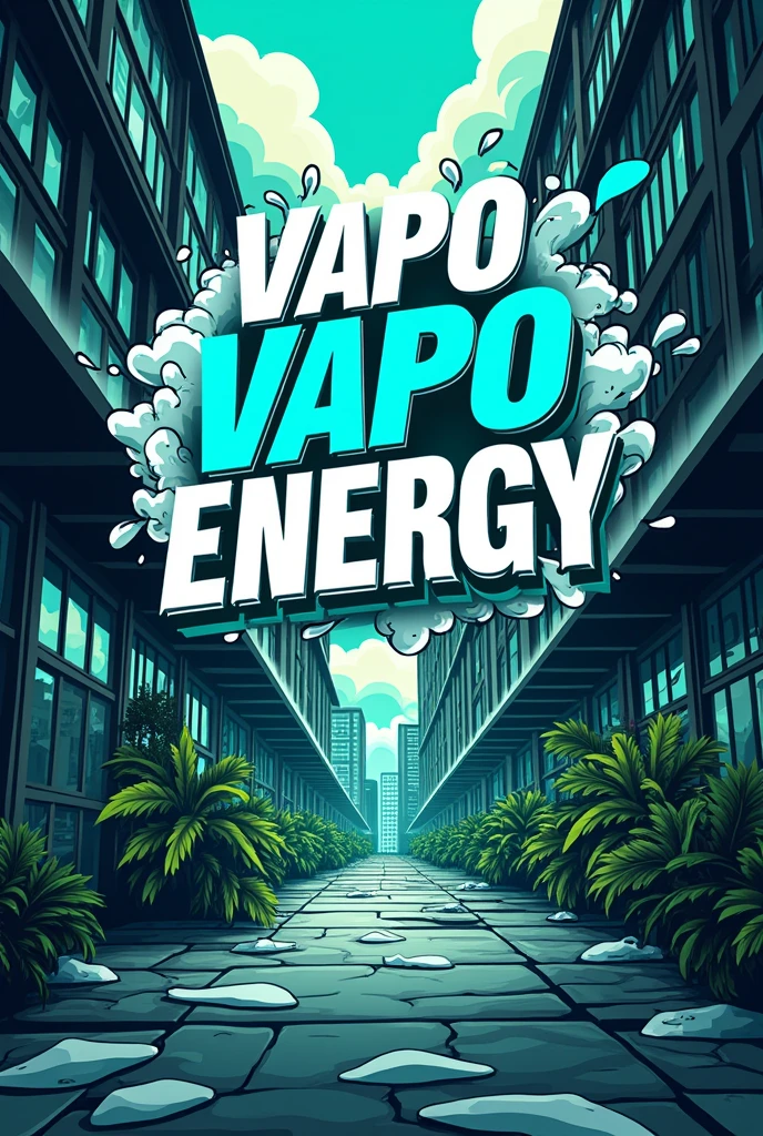 Make me a flyer for an Instagram story of a vape company called vapo energy, The design has to be urban with some drawings that have to do with vapes, The colors that should predominate are white, black and blue-green., The phrase that you should put in the middle will be this: Great news!!