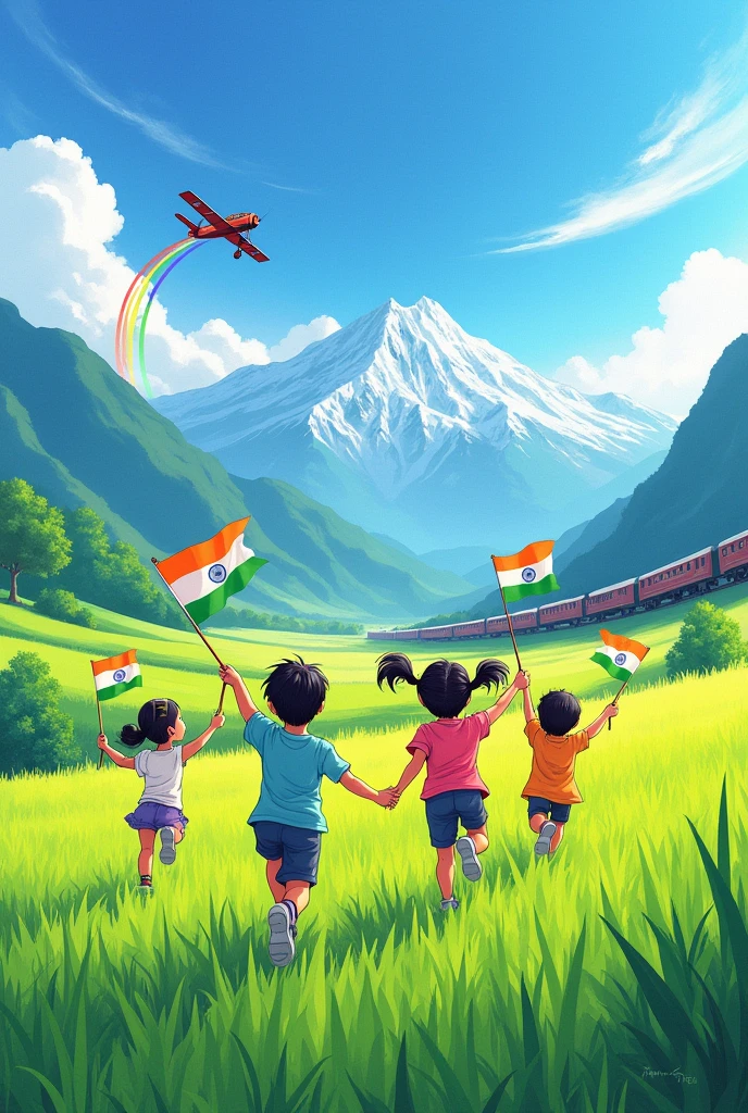 Portrait illustration,hd, ,jingxuan summer background, Pencil colour Art style, jingxuan summer days, kids running towards a green rice field facing towards the mountains with each kid holding small National flag of India in one of their hands. In the Blue sky with white clouds a single seat aircraft is flying and showing an Air Show of Rainbow colours.little bit far from the field a train is passing towards a snow capped Mountain.