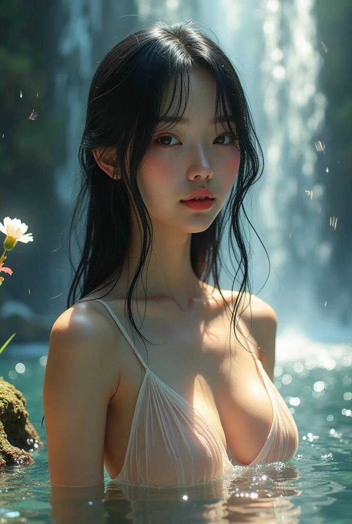 (((Full body image of a woman))),(Model shooting style), (shy), 1 person, Lonely, Shiny black hair、 Extremely rich facial detail, Beautiful Eyes, cute, Slightly red cheeks,bright, Lonely Eyes, Stunning beauty, (Rembrandt Lighting,Loop Lighting,Butterfly Lighting),Shift Lens, ARRI Lenses, Surreal, (Skin with attention to detail:1.2),8k,ARRI ALEXA 35,Promise, Dramatic Rim Light,Sparkle Effect, high quality,Very delicate and beautiful, wonderful, In detail, masterpiece, Very detailed, High resolution,Best Shot, ((Best Shadow)),Exquisite contrast,Complex,Sharp focus, high quality, 1 Japan woman, alone.cute,Fuka Koshiba,Yuki Sakurai,Magnificent waterfalls,(water droplets,rainbow),Mist-like droplets,Wet,Lens flare,No sleeve,Frills,Beautiful breasts,Swallowtail butterfly,A butterfly flutters,Cool eyes,Glossy Lips,An ennui smile,Glowing Skin,Transparent skin,From above,((Open your arms)),Waistline,Beautiful nipples,((No shirt, Very good, Naked underneath, Bare chest, Barely covering her nipples)),((Wet, Her clothes are transparent, Her body and skin sweat)),((View from the rear, From above見た図, Bare back)),Bloom, Flowers are blooming everywhere,Front blur,Lens flare,Sparkling Eyes,Vivid Rouge