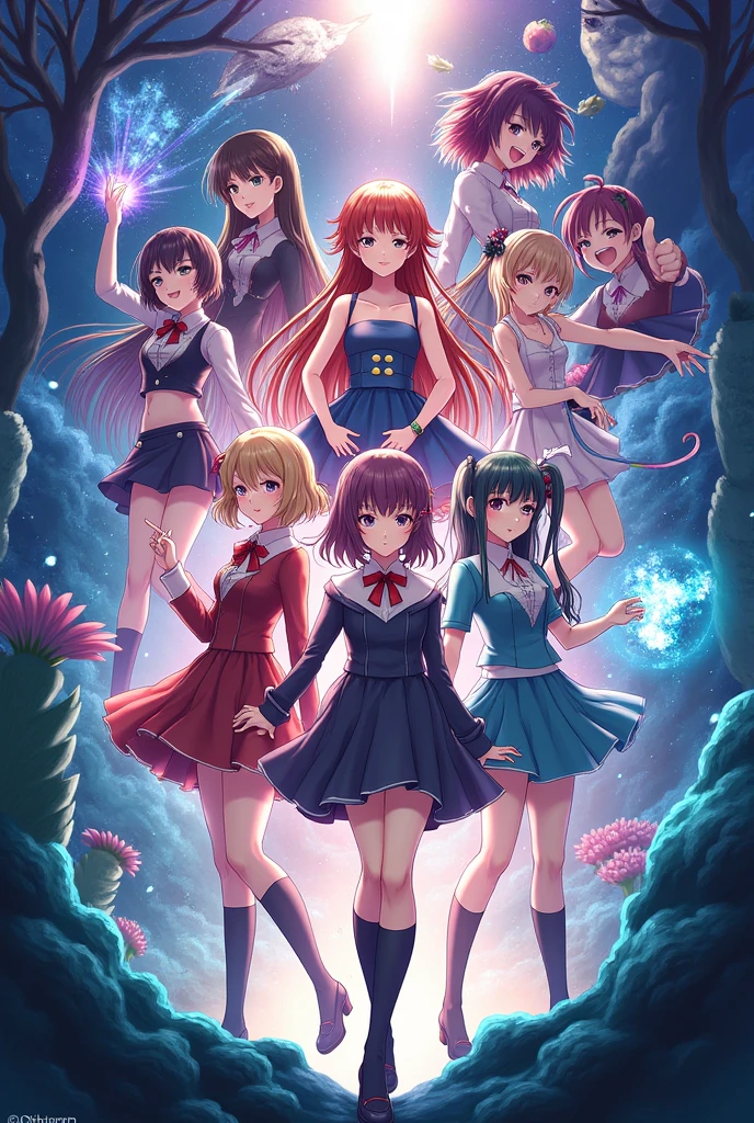 Create a wallpaper featuring Miku Nakano,Itsuki Nakano,Megumin,hyuga Hinata,Mitsuri Kanroji,nezuko,mikasa akerman,Rei Ayanami,Tsukasa Tsukuyomi,Uzaki Chan,word com,Aqua de Konosuba,Yor Forger