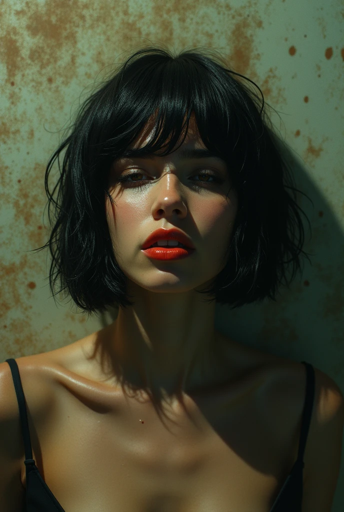 70s setting, grainy film, ultra-detailed, realistic, wallpaper, abstract, desperate tremor, sexual exhausted, hard breath, loosing control, hazy, sweat, desperation, t-shirt, void, red lips, noir, messy wet sticky hair, bob cut,