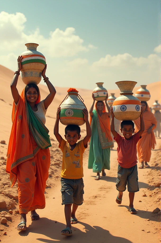 Many boys are carrying bags with the Indian flag in the desert, beds are passing through the road, Rajasthani women are carrying water