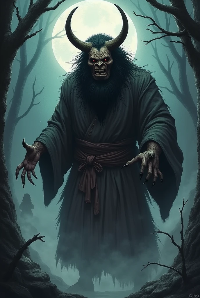 Create a detailed and atmospheric illustration of a traditional Japanese yasha or ogre. The scene should evoke a sense of ancient folklore and horror, featuring a menacing yasha or ogre with traditional Japanese attire and features. The background should include a dark, mysterious forest or an ancient, eerie temple. Incorporate elements like dim moonlight, mist, and shadowy figures to enhance the chilling atmosphere. The character should have a fearsome expression, with elements like sharp claws, fierce eyes, and traditional Japanese masks to emphasize the supernatural and ominous nature