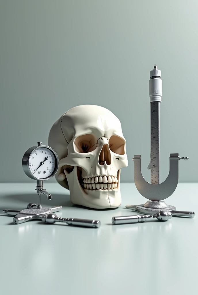 pressure gauge, caliper, micrometer and measuring tape on a laboratory table next to a skull