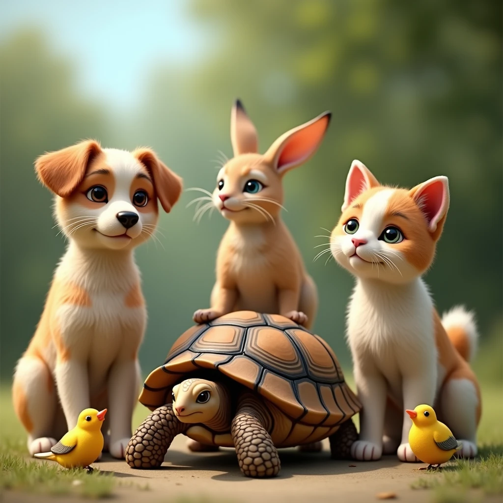 dog, cat, Tortoise, whose, rabbit and canaries posing, that they look realistic 