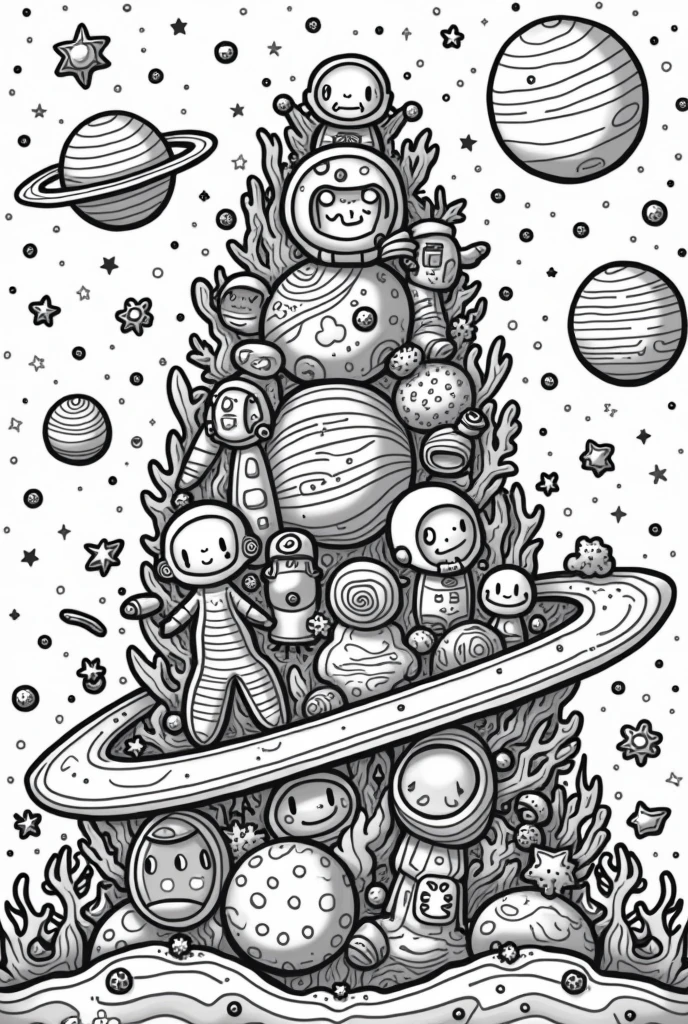 "Create a doodle-style coloring page set in outer space, featuring a stack of adorable, space-themed characters and objects. Include playful astronauts, friendly aliens, floating planets, swirling galaxies, and rocket ships all piled on top of one another. Each element should have unique patterns and textures, with stars, comets, and space dust scattered around the design. The overall look should be fun and whimsical, capturing the wonder and excitement of exploring the cosmos."