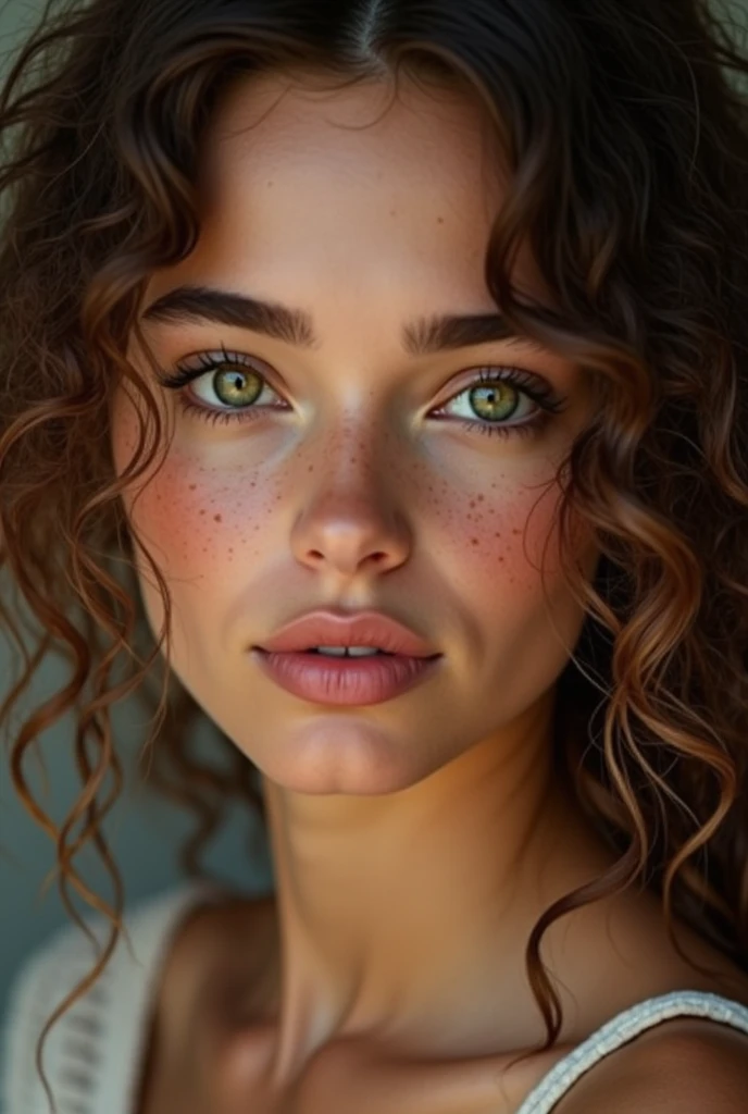 fille espagnol , cheveux brun , teint bronzé, yeux vert ,  tache de rousseurs, curly hair , levre légèrement pulpeuse , browlift , nez fin , machoire apparente , 